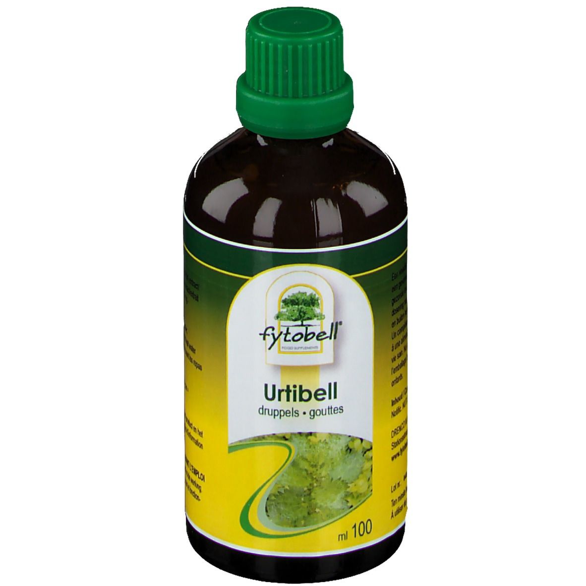 Bruine glazen fles met groene dop. Etiket met "fytobell" en "Urtibell". Onder "ml 100".