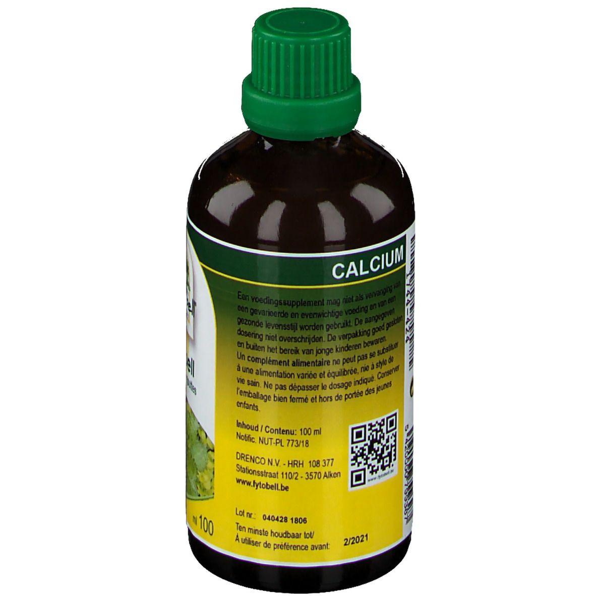 Achterkant bruine glazen fles met groene dop. Etiket met tekst over calcium. QR-code en houdbaarheidsdatum.