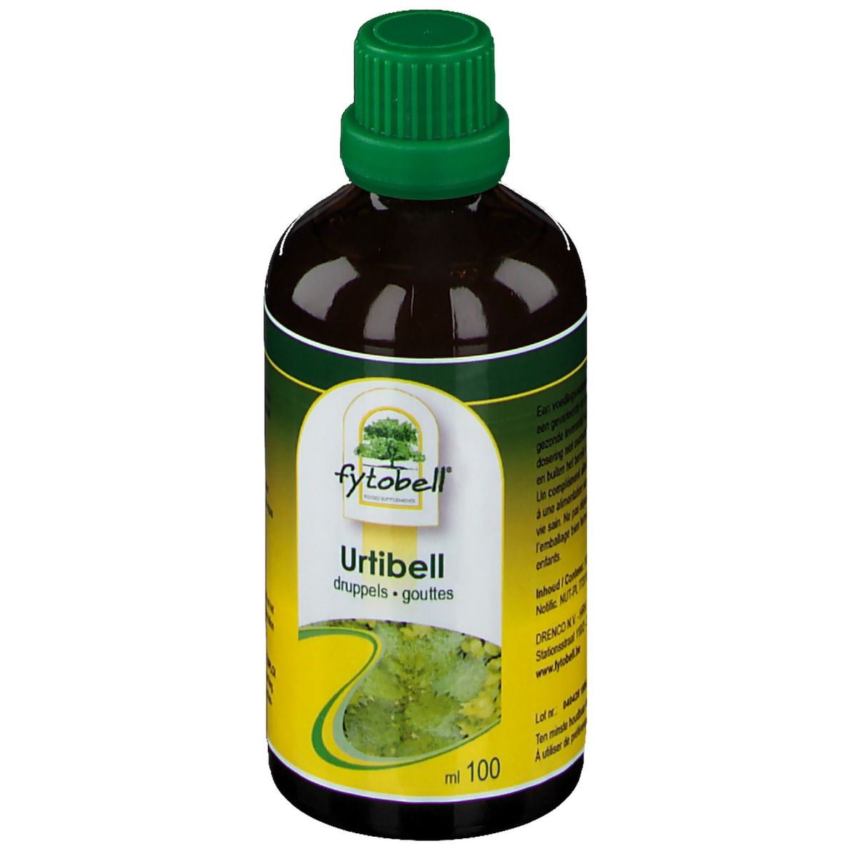 Bruine glazen fles met groene dop. Etiket met "fytobell" en "Urtibell". Onder "ml 100".