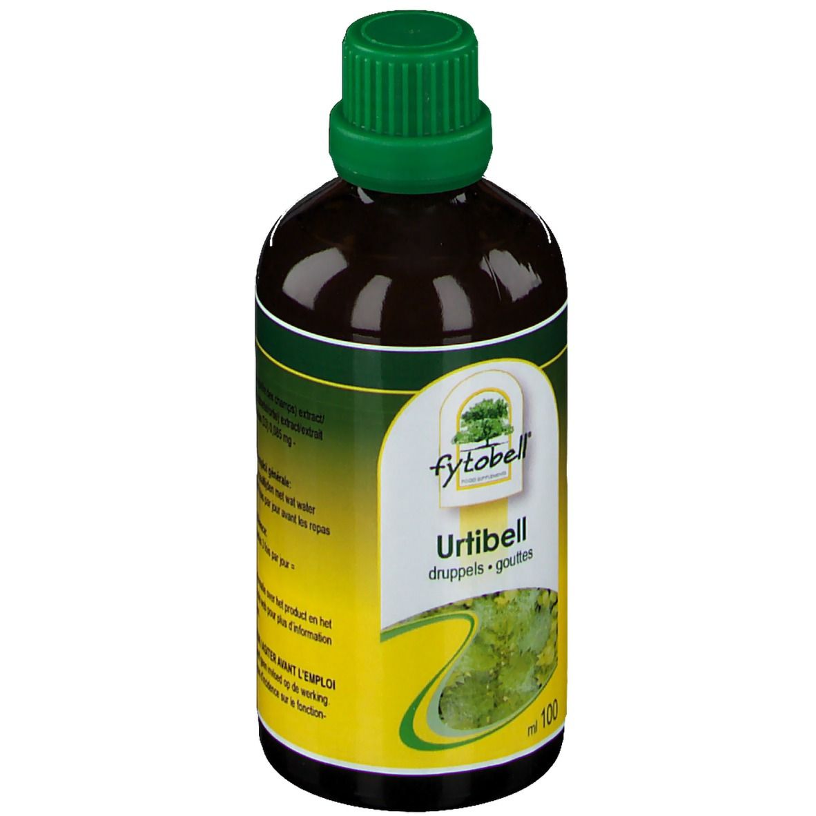 Bruine glazen fles met groene dop. Etiket met "fytobell" en "Urtibell". Onder "ml 100".