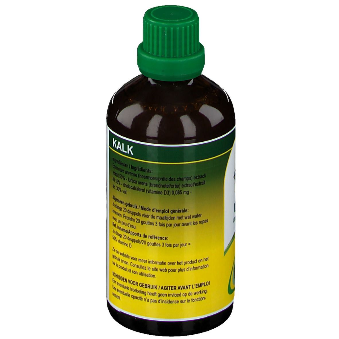Achterkant bruine glazen fles met groene dop. Etiket met tekst over kalk. QR-code en ingrediënten.
