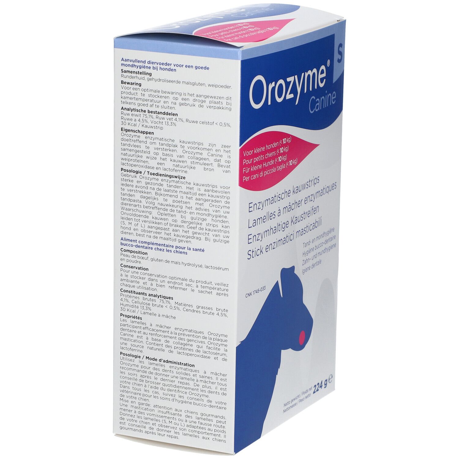 Dos de la boîte Orozyme® Canine Kaustreifen S. Texte multilingue. Informations produit.