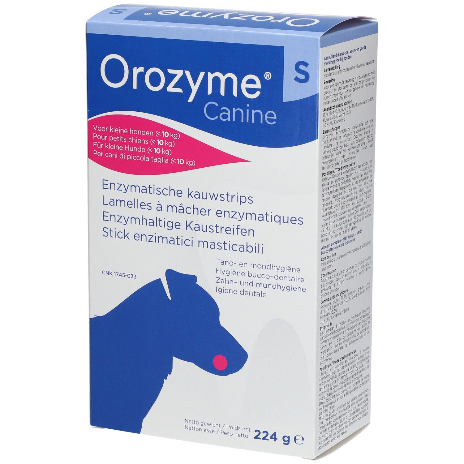 Boîte de Orozyme® Canine Kaustreifen S. Texte multilingue. Illustration d'un chien.