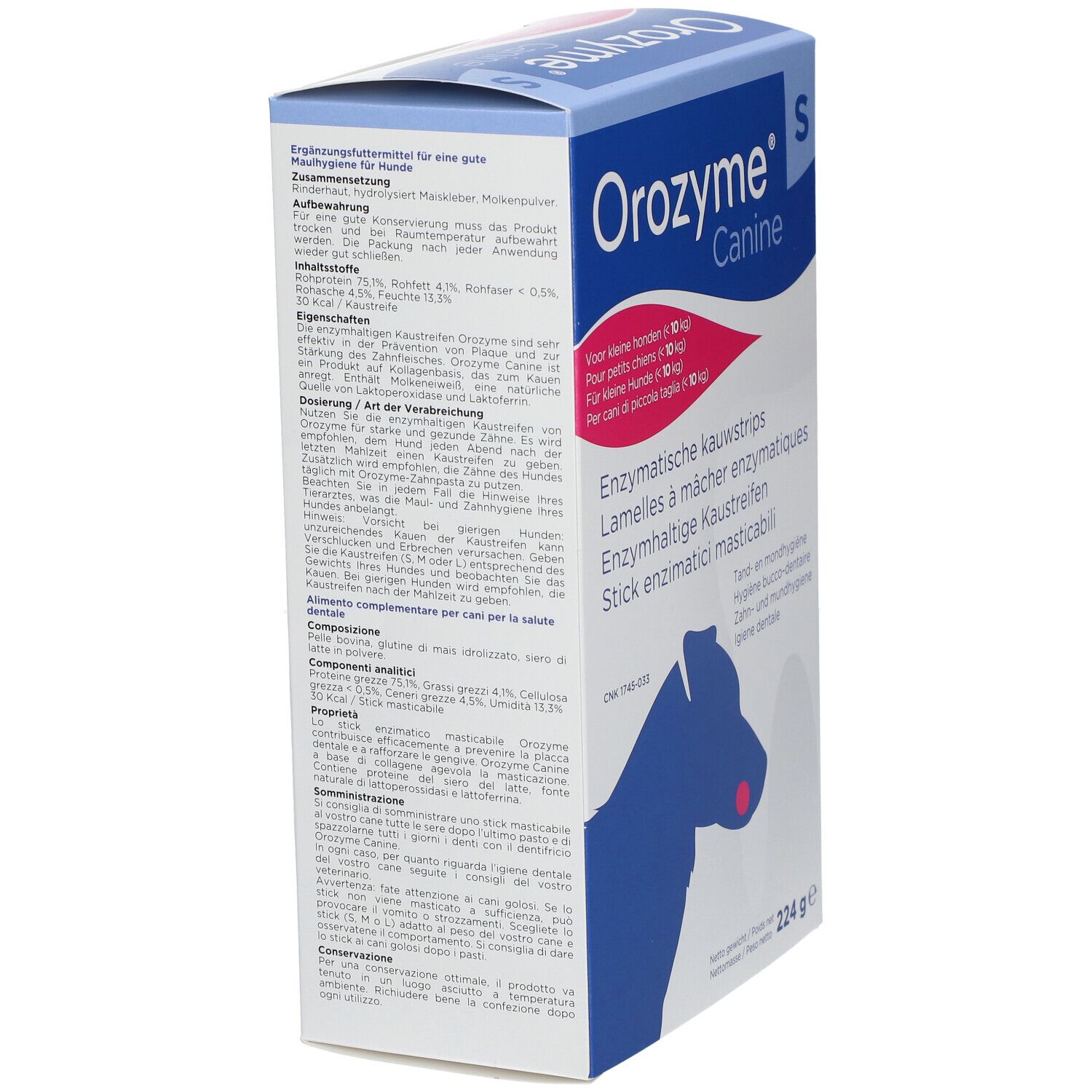 Côté de la boîte Orozyme® Canine Kaustreifen S. Texte multilingue. Informations produit.