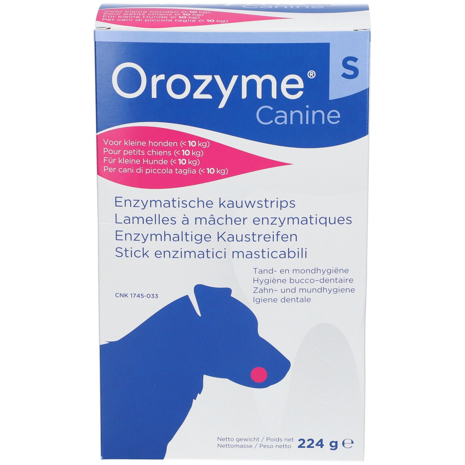 Face avant de la boîte Orozyme® Canine Kaustreifen S. Texte multilingue. Illustration d'un chien.
