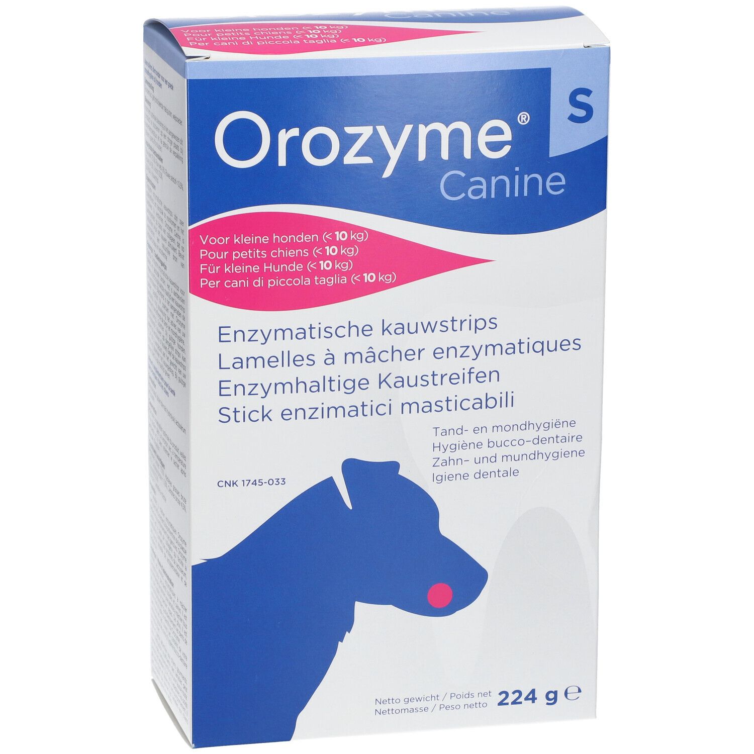 Face avant de la boîte Orozyme® Canine Kaustreifen S. Texte multilingue. Illustration d'un chien.