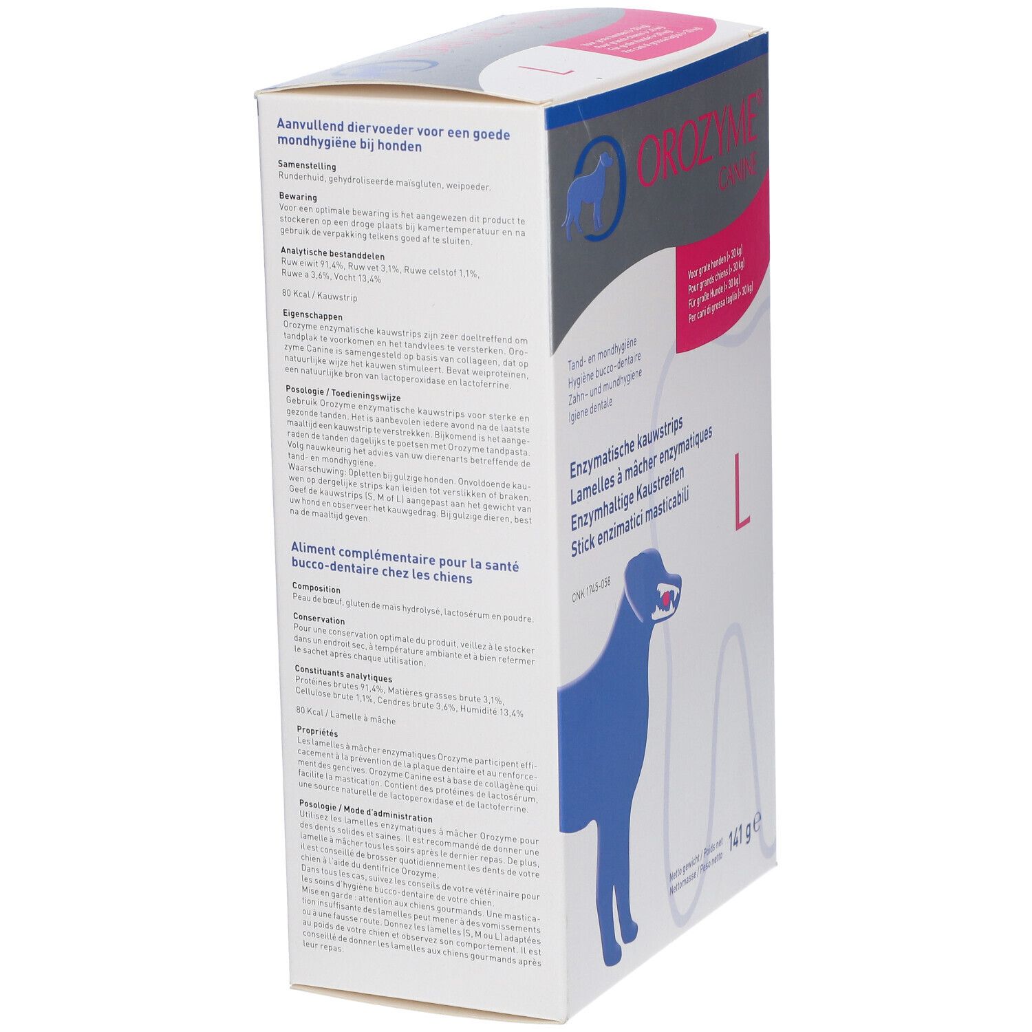 Vue latérale de la boîte OROZYME® Canine L. Contient des lamelles à mâcher enzymatiques pour chiens. Emballage blanc avec logo et informations.