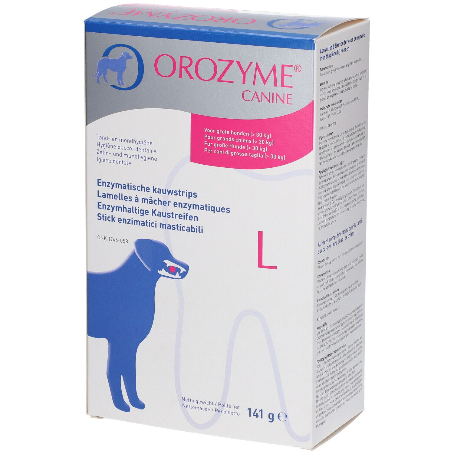 Boîte OROZYME® Canine L. Contient des lamelles à mâcher enzymatiques pour chiens de plus de 30 kg. Emballage blanc avec logo et nom du produit.
