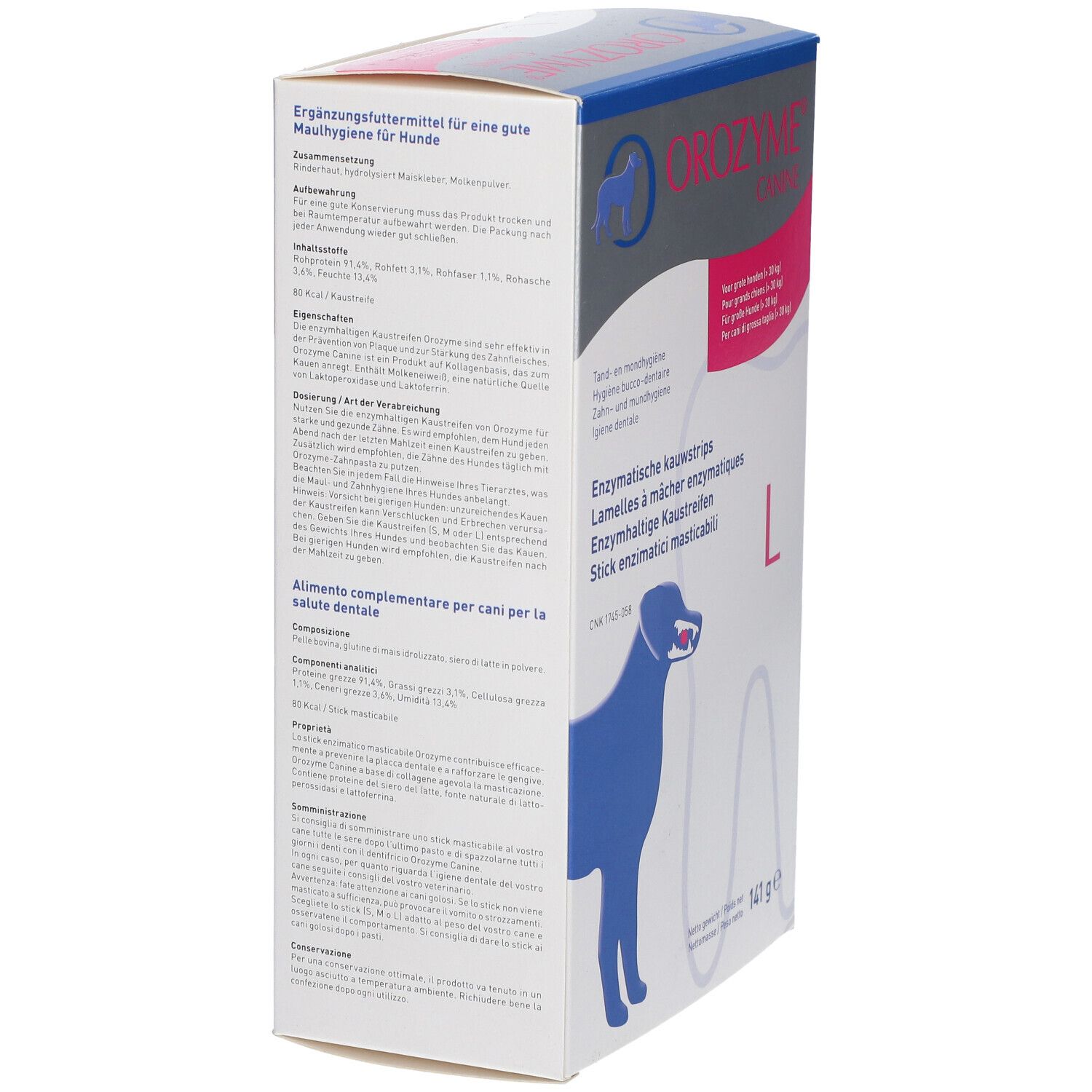 Vue latérale de la boîte OROZYME® Canine L. Contient des lamelles à mâcher enzymatiques pour chiens. Emballage blanc avec logo et informations.