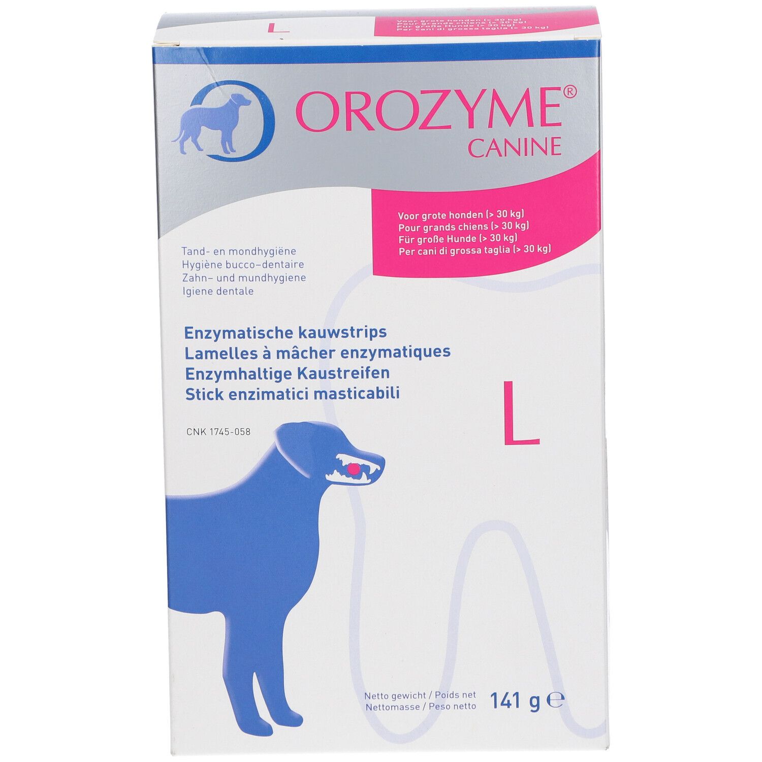 Boîte OROZYME® Canine L. Contient des lamelles à mâcher enzymatiques pour chiens de plus de 30 kg. Emballage blanc avec logo et nom du produit.