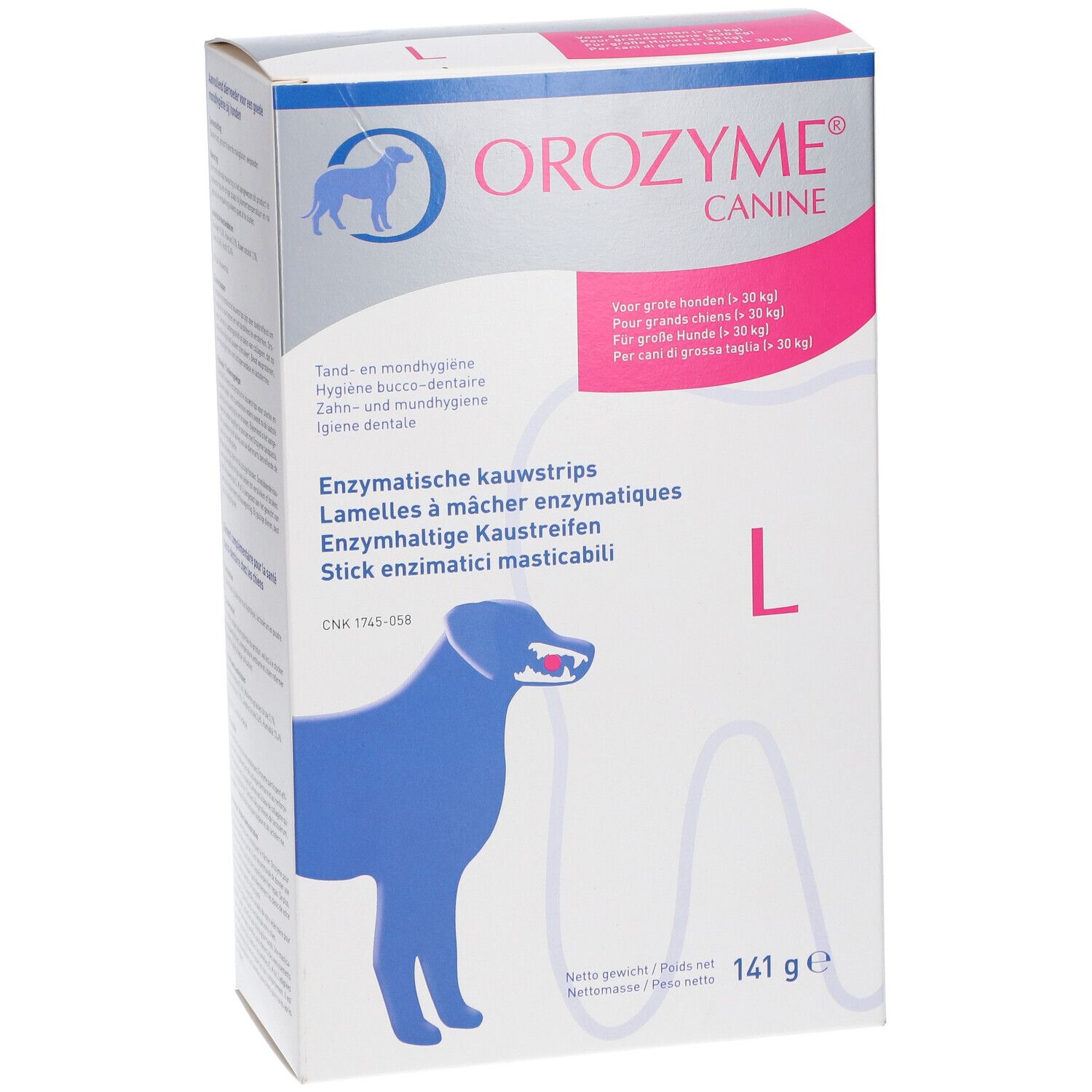 Boîte OROZYME® Canine L. Contient des lamelles à mâcher enzymatiques pour chiens de plus de 30 kg. Emballage blanc avec logo et nom du produit.