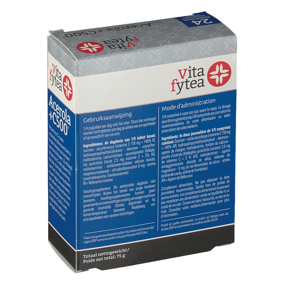 Dos de l'emballage Vitafytea Acerola +C500. Contient des informations sur les ingrédients et l'utilisation. Emballage bleu et blanc.
