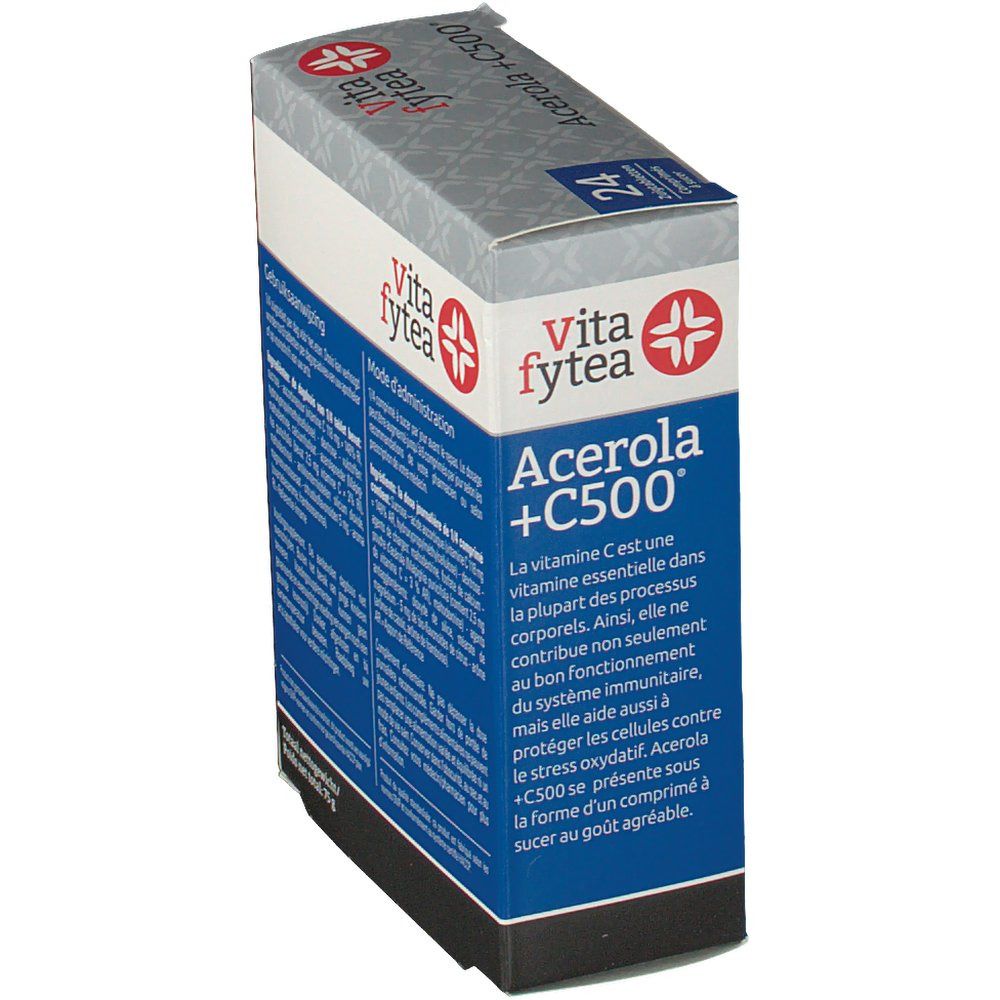 Dos de l'emballage Vitafytea Acerola +C500. Contient des informations sur les ingrédients et l'utilisation. Emballage bleu et blanc.