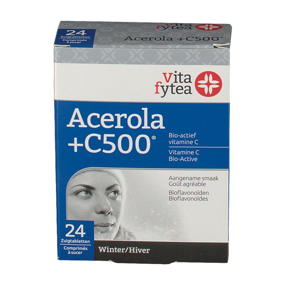 Boîte Vitafytea Acerola +C500. 24 comprimés. Face avant avec nom du produit, logo et visage de femme. Emballage bleu et blanc.