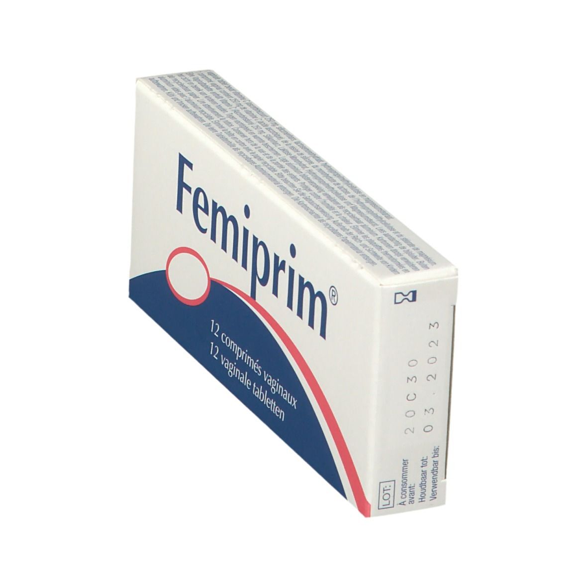 Boîte "Femiprim" avec 12 comprimés vaginaux. Design blanc, bleu et rouge. Texte en allemand, français et néerlandais. Date de péremption.