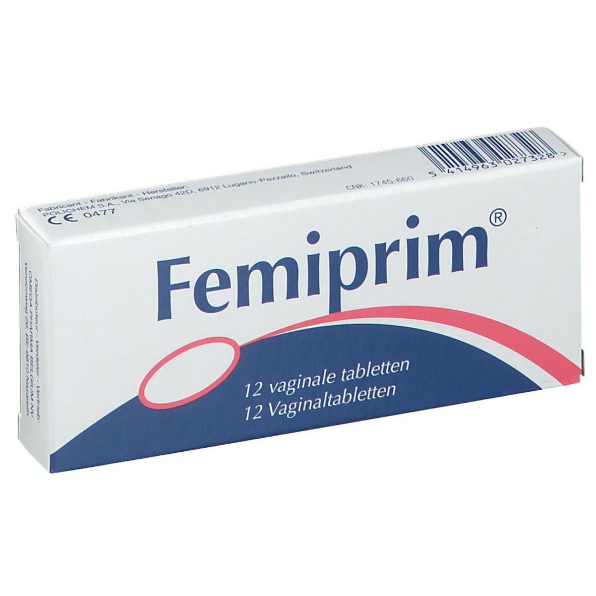 Boîte "Femiprim" avec 12 comprimés vaginaux. Design blanc, bleu et rouge. Texte en allemand, français et néerlandais. Marquage CE.