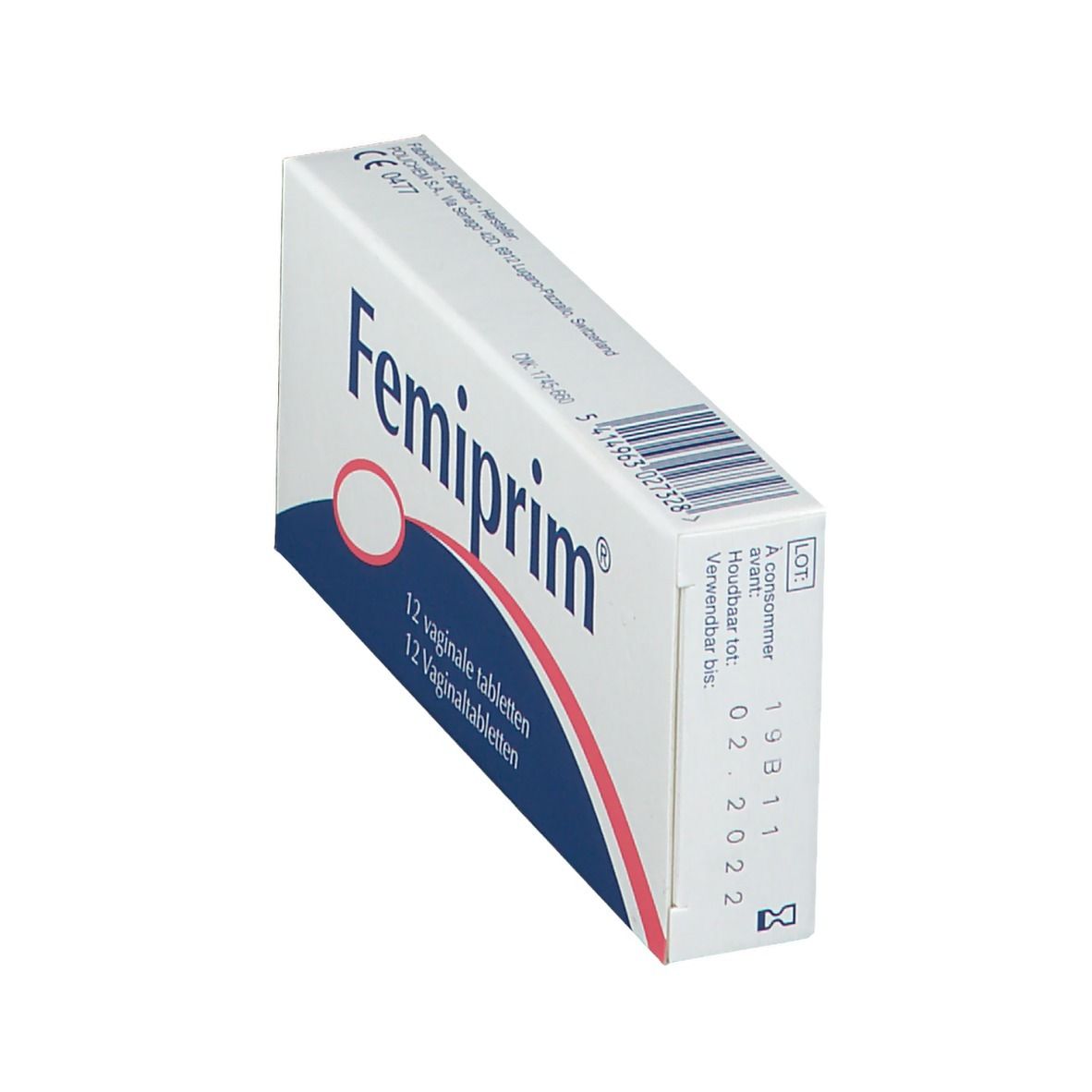Boîte "Femiprim" avec 12 comprimés vaginaux. Design blanc, bleu et rouge. Texte en allemand, français et néerlandais. Date de péremption.