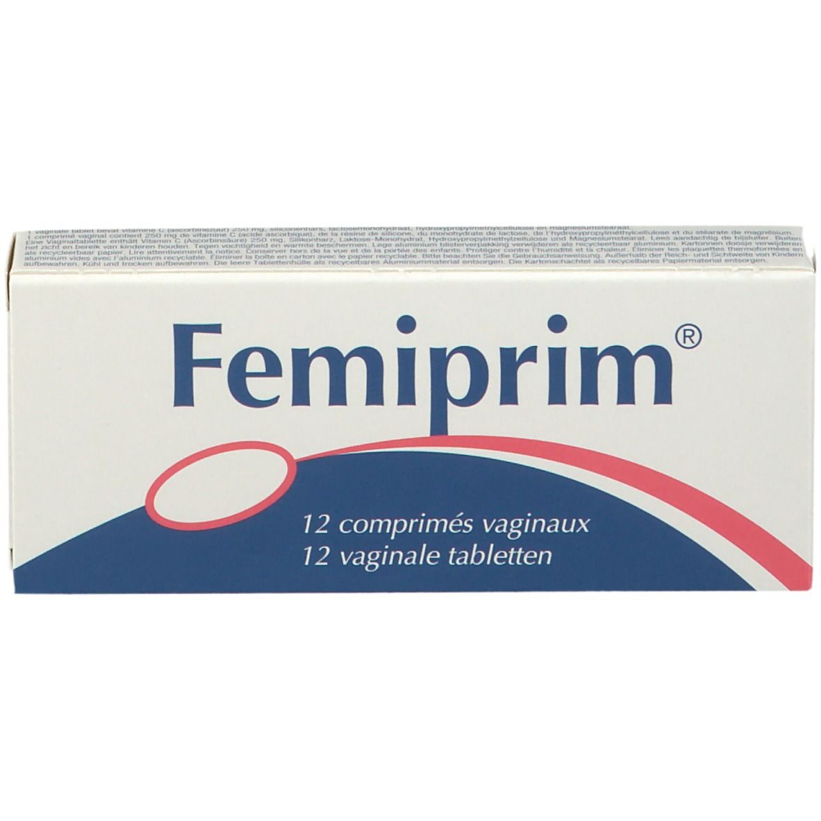 Boîte "Femiprim" avec 12 comprimés vaginaux. Design blanc, bleu et rouge. Texte en allemand, français et néerlandais.