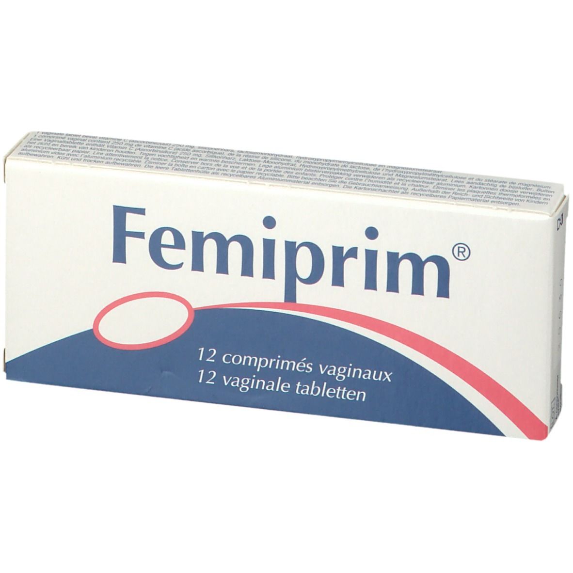 Boîte "Femiprim" avec 12 comprimés vaginaux. Design blanc, bleu et rouge. Texte en allemand, français et néerlandais.
