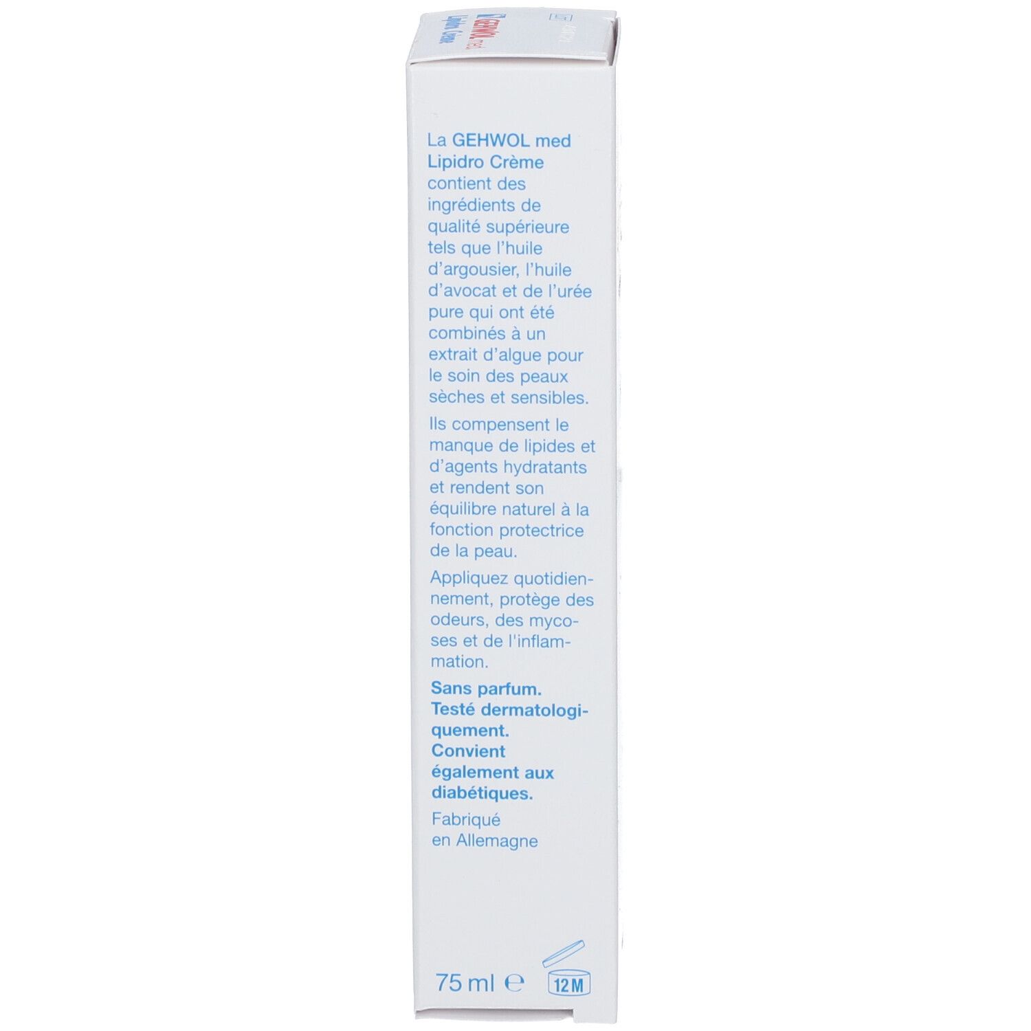 Boîte blanche, vue latérale. Contient du texte en plusieurs langues. Gehwol med. Lipidro Crème.