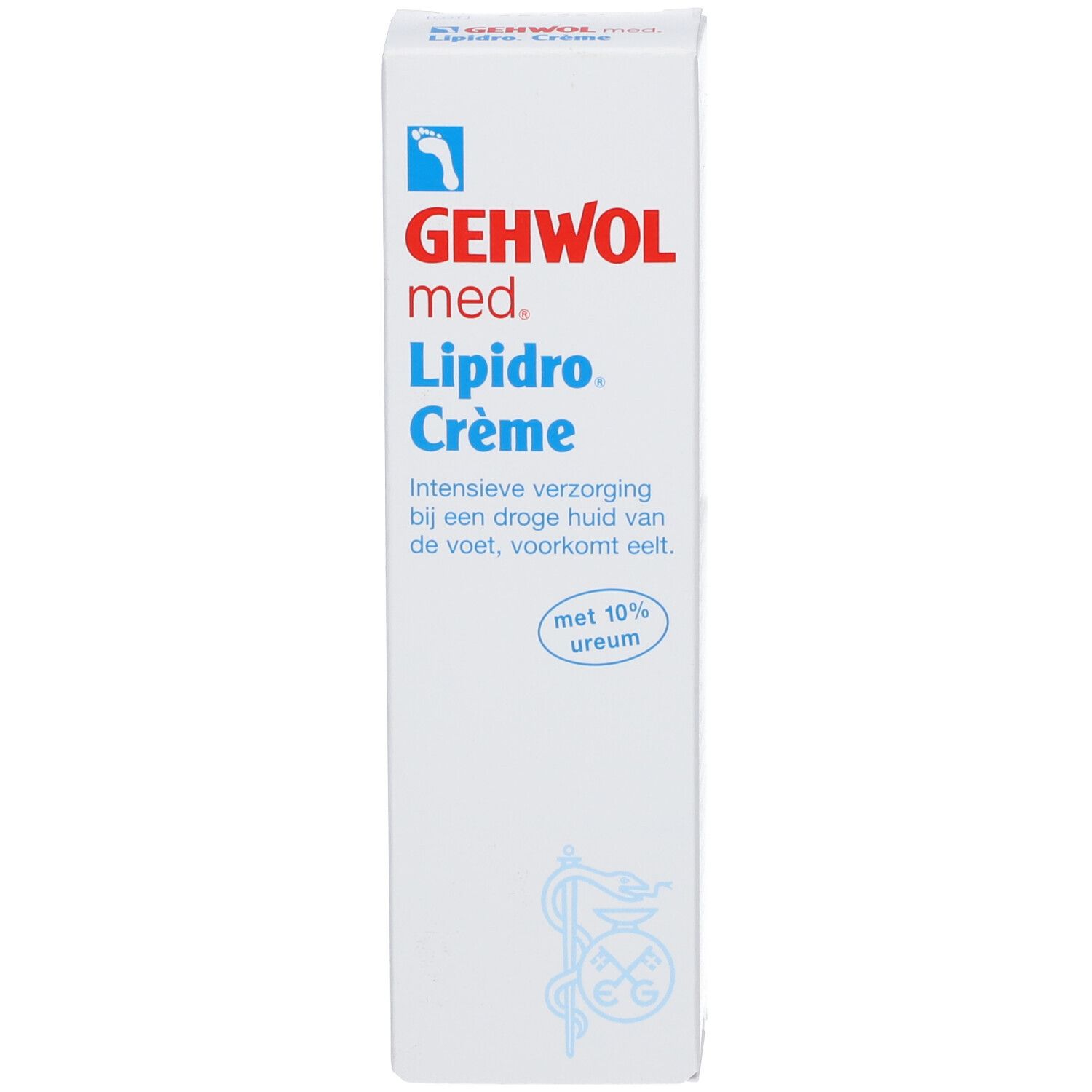 Boîte blanche avec texte bleu. Contient Gehwol med. Lipidro Crème. Texte et logo sur le devant.