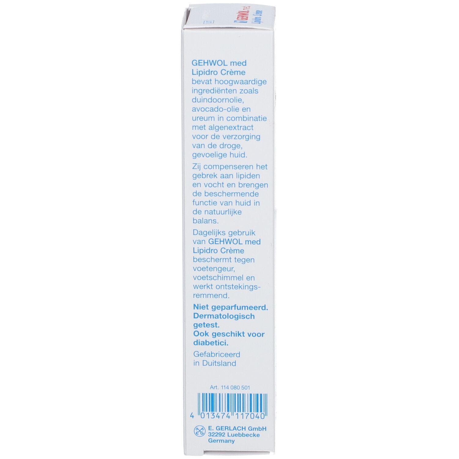 Boîte blanche, vue latérale. Contient du texte en plusieurs langues. Gehwol med. Lipidro Crème.