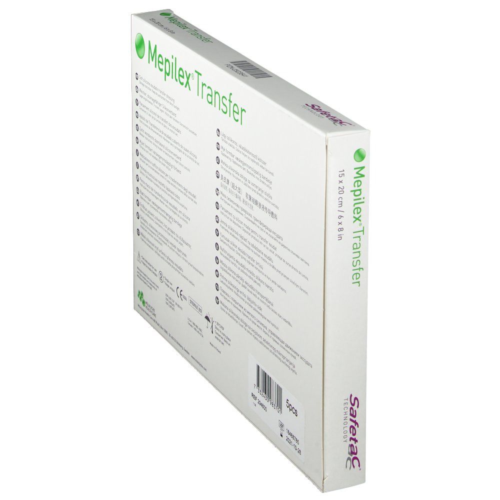 Vue latérale de l'emballage Mepilex® Transfer. Informations produit multilingues. Inscription: 5 pièces.