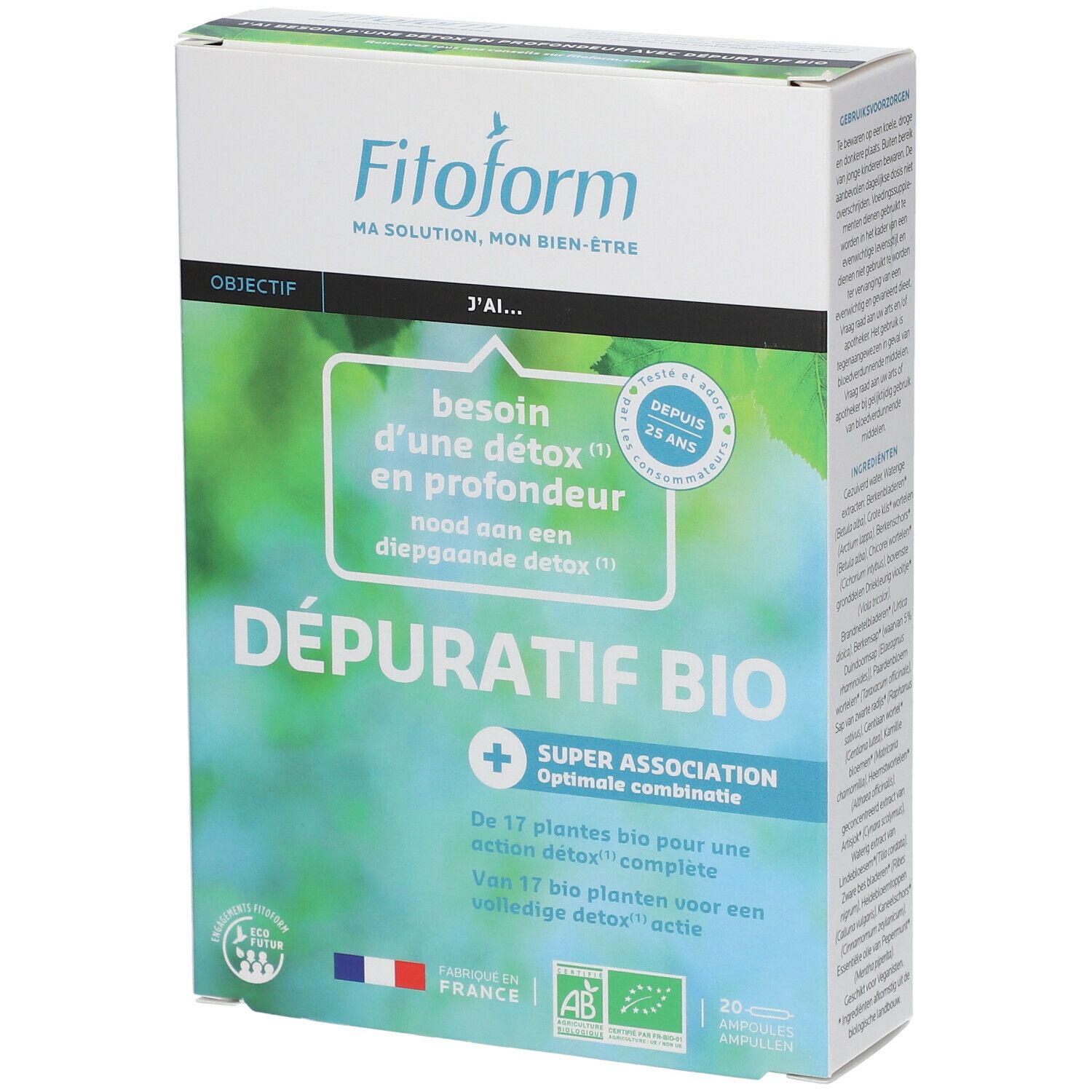 Boîte "Fitoform Depuratif Bio". Texte: "besoin d'une détox en profondeur". 20 ampoules. Labels bio et drapeau français.