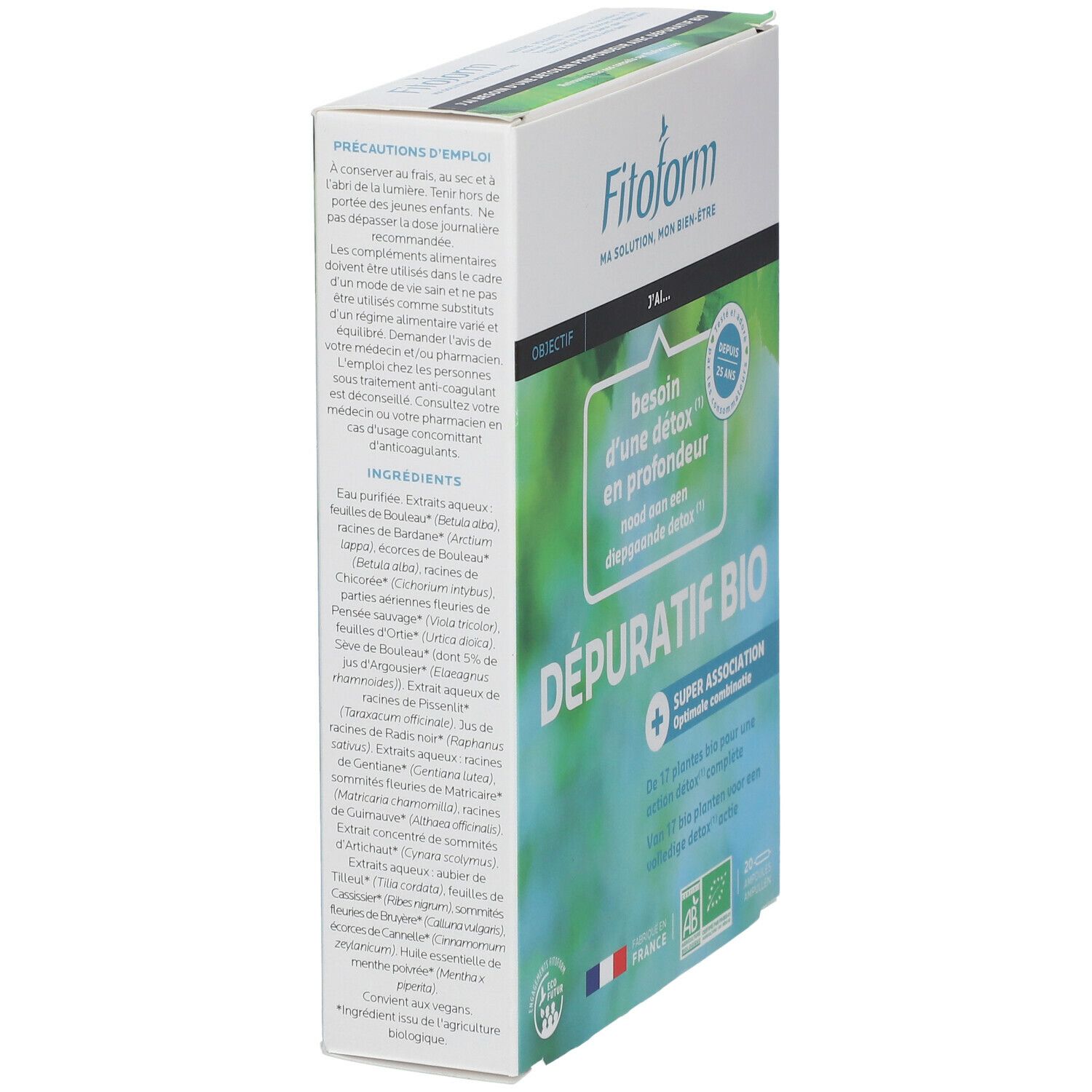 Boîte "Fitoform Depuratif Bio" avec textes et ingrédients. Label bio. Drapeau français. Vue en coin.