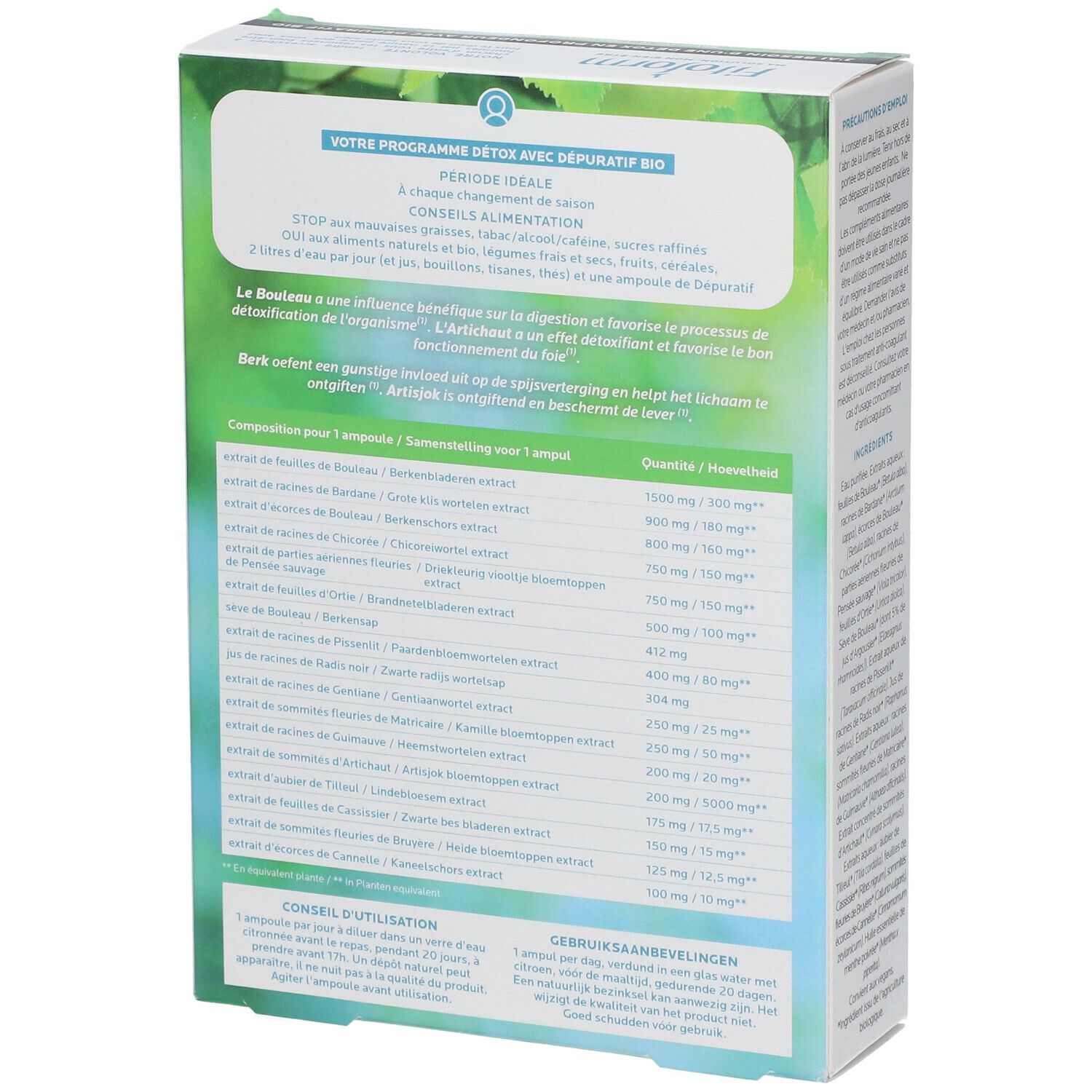 Dos de l'emballage "Fitoform Depuratif Bio". Texte sur la composition et l'utilisation. Label bio.