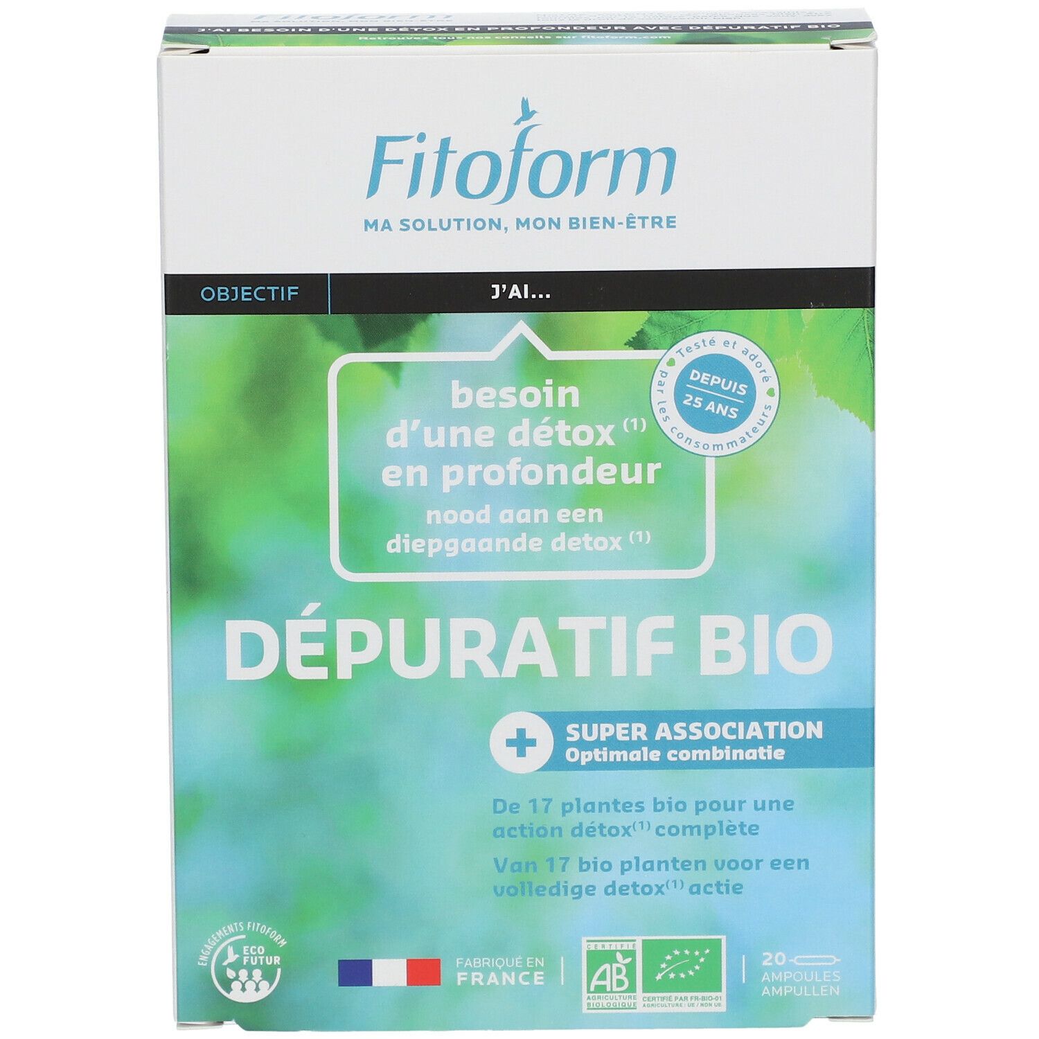 Boîte "Fitoform Depuratif Bio". Texte: "besoin d'une détox en profondeur". 20 ampoules. Labels bio et drapeau français.