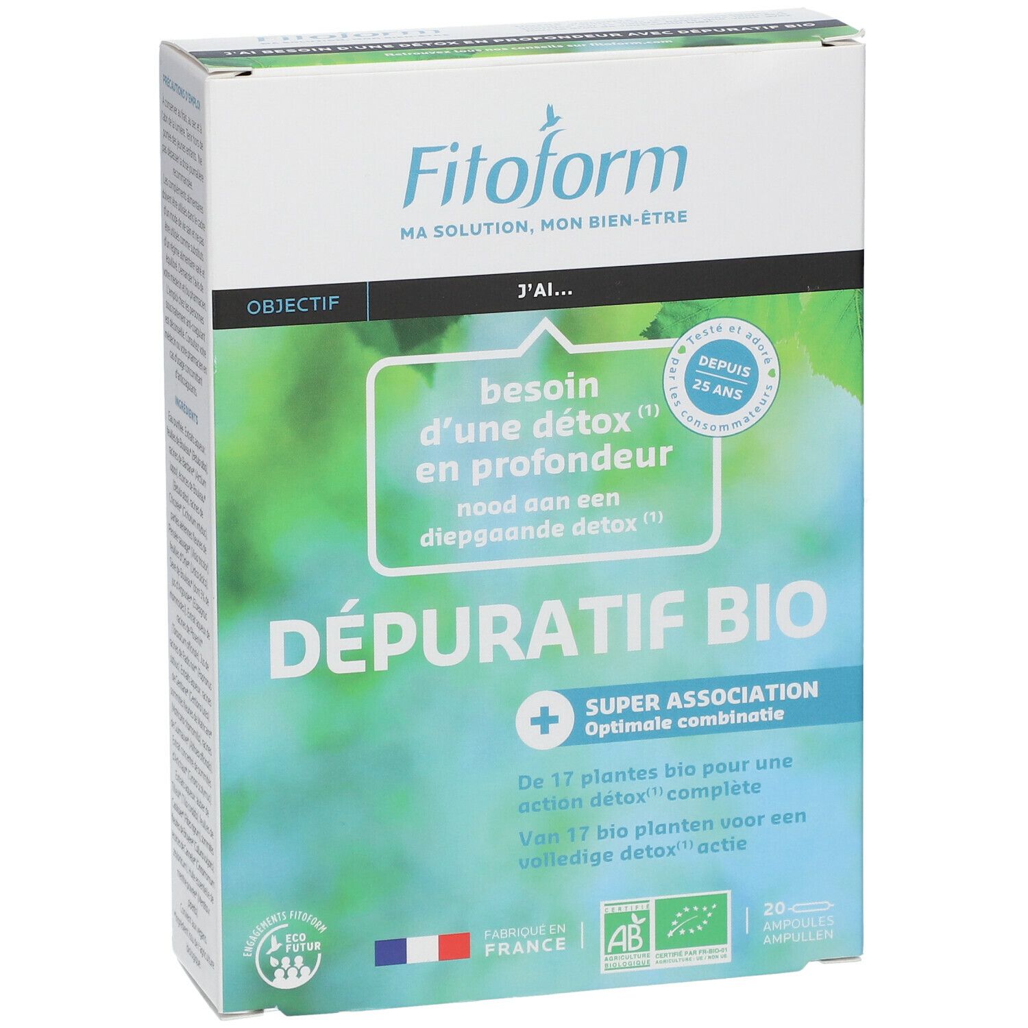 Boîte "Fitoform Depuratif Bio". Texte: "besoin d'une détox en profondeur". 20 ampoules. Labels bio et drapeau français.
