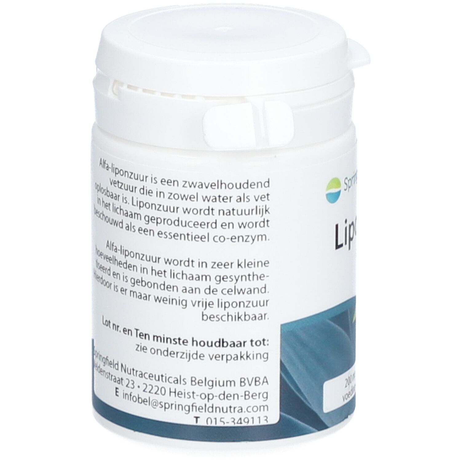 Dos de la boîte blanche. Texte sur l'acide alpha-lipoïque. Adresse de Springfield Nutracueticals Belgium BVBA.
