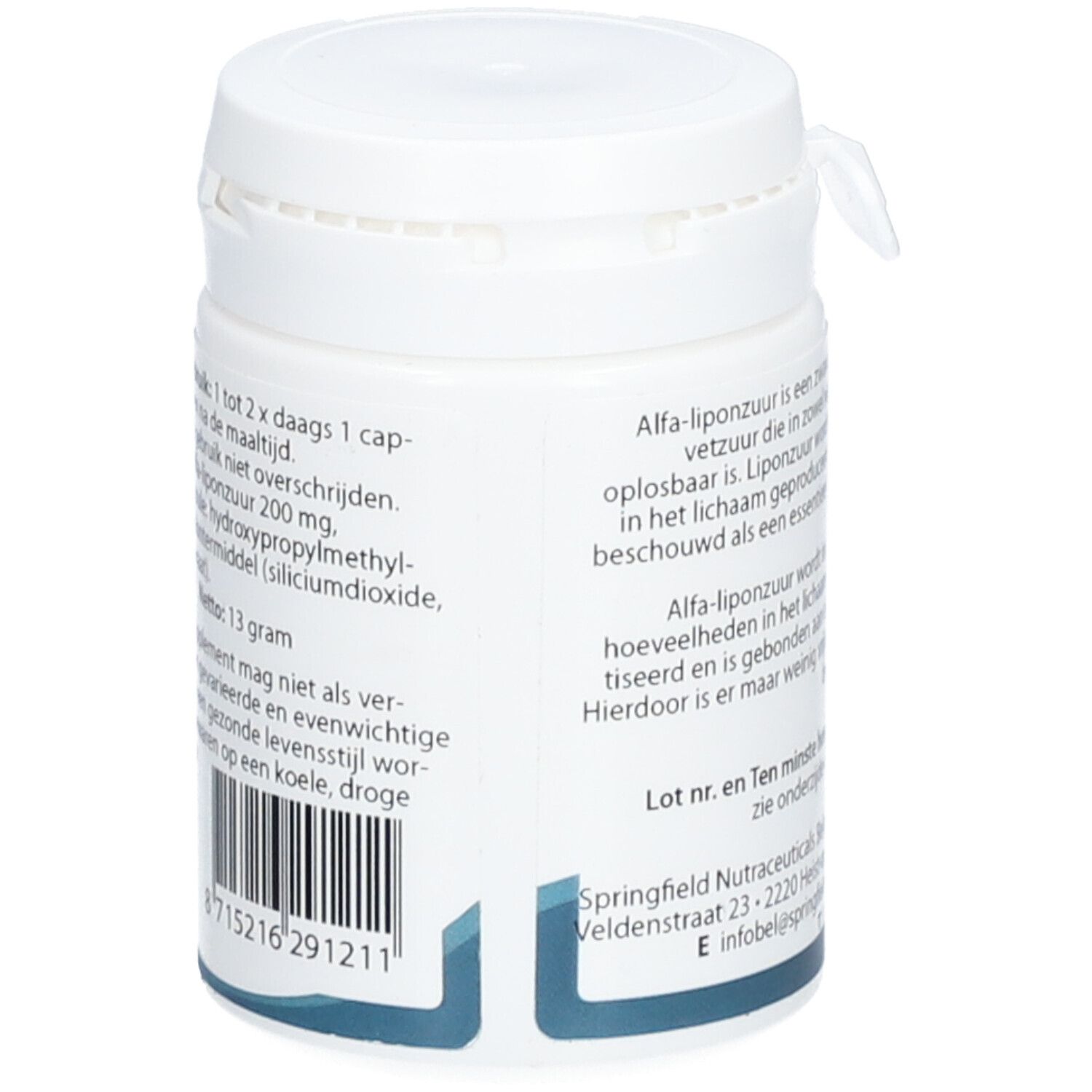 Dos de la boîte blanche. Texte sur le dosage et les ingrédients. Code-barres et poids : 13 grammes.
