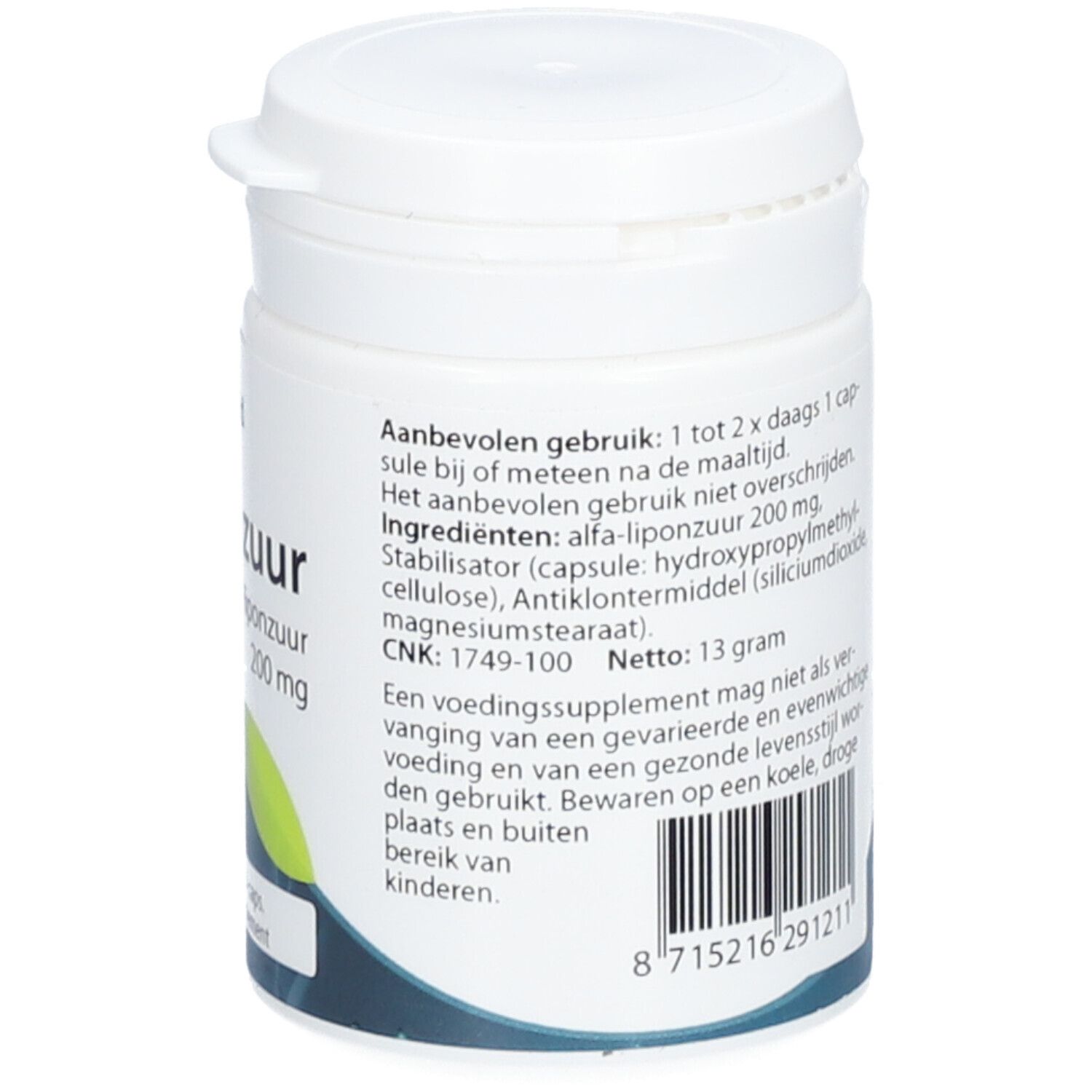 Dos de la boîte blanche. Texte sur le dosage et les ingrédients. Code-barres et poids : 13 grammes.