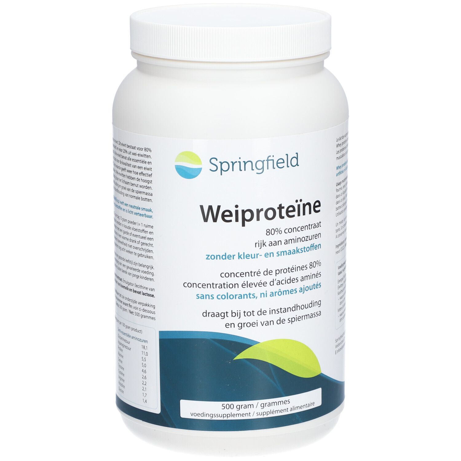 Wei-Proteinkonzentrat-Behälter. Weißer Behälter mit blau-grüner Grafik. Aufschrift: Springfield, Wei Proteine, 80% Konzentrat.
