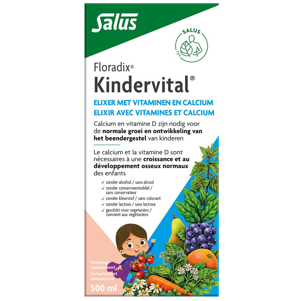 Emballage de Salus Floradix Kindervital. Contient des multivitamines avec calcium. Inscriptions en néerlandais, français et allemand.