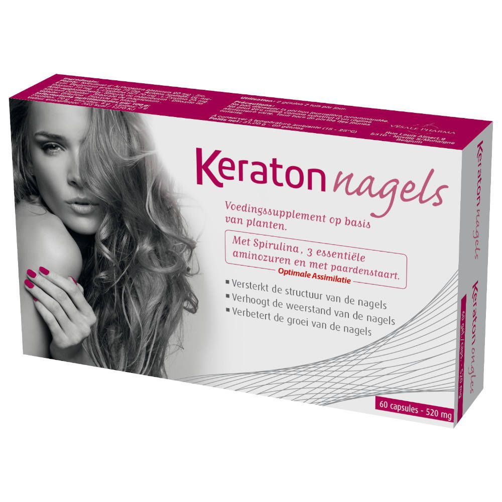Boîte de Keraton ongles. Contient 60 gélules. Inscription: Complément alimentaire à base de plantes.
