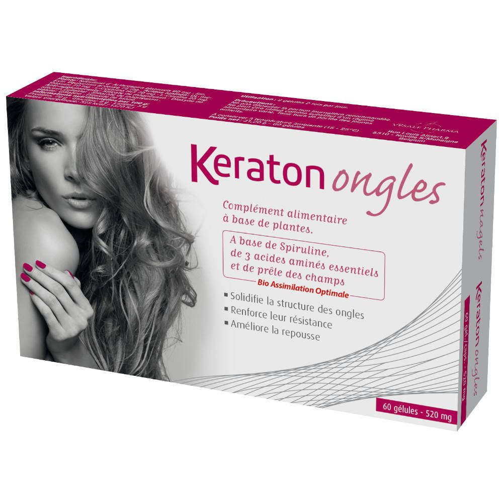 Boîte de Keraton ongles. Contient 60 gélules. Inscription: Complément alimentaire à base de plantes.