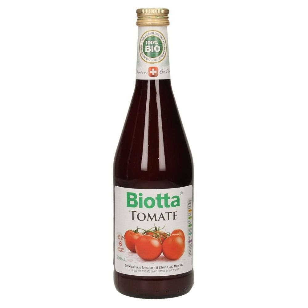 Biotta tomatensapfles. Groen-wit etiket met tomatenillustratie. Bio-keurmerk. Goudkleurige dop.