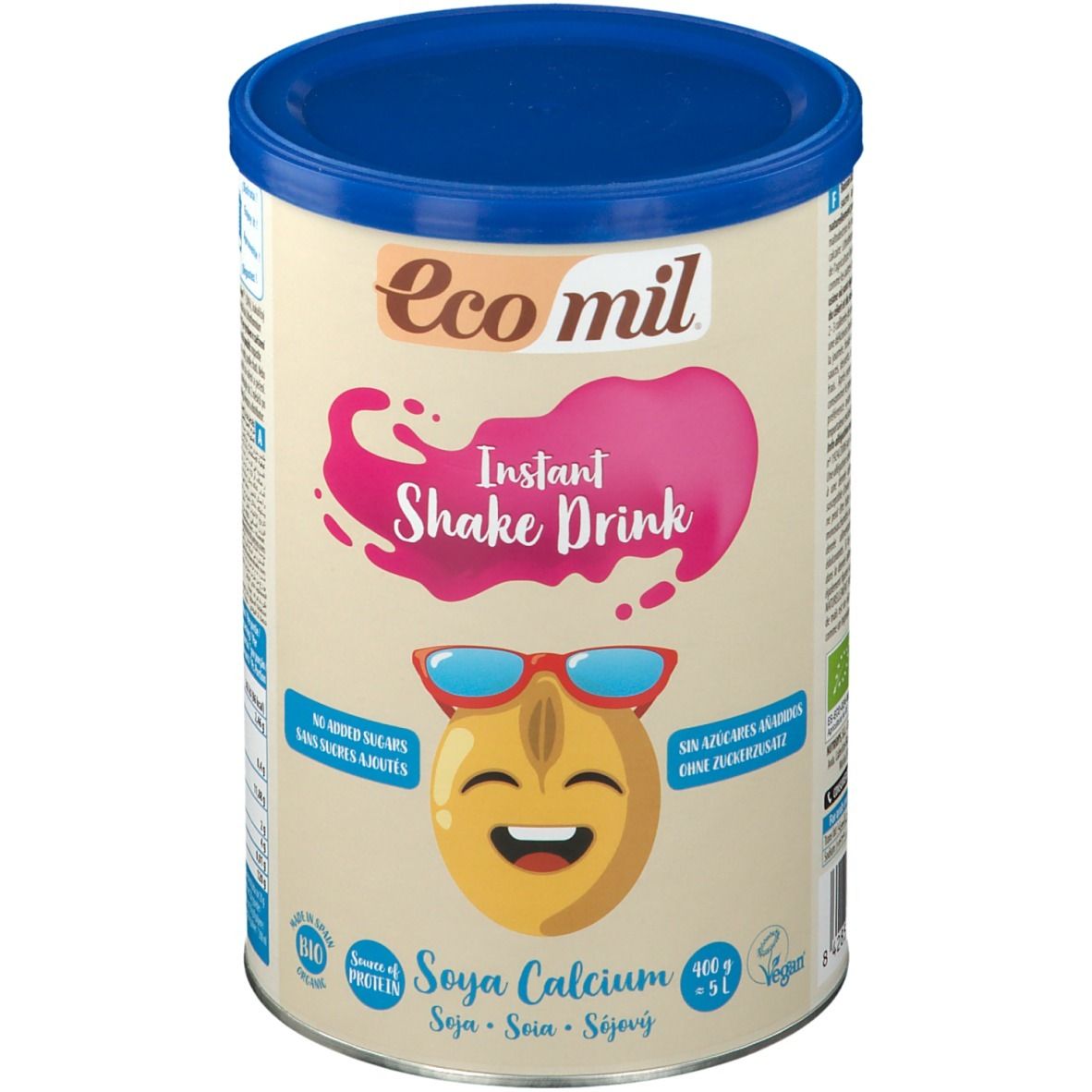 Boîte EcoMil Instant Shake Drink au soja et calcium. Visuel : soja souriant avec lunettes. Label bio.