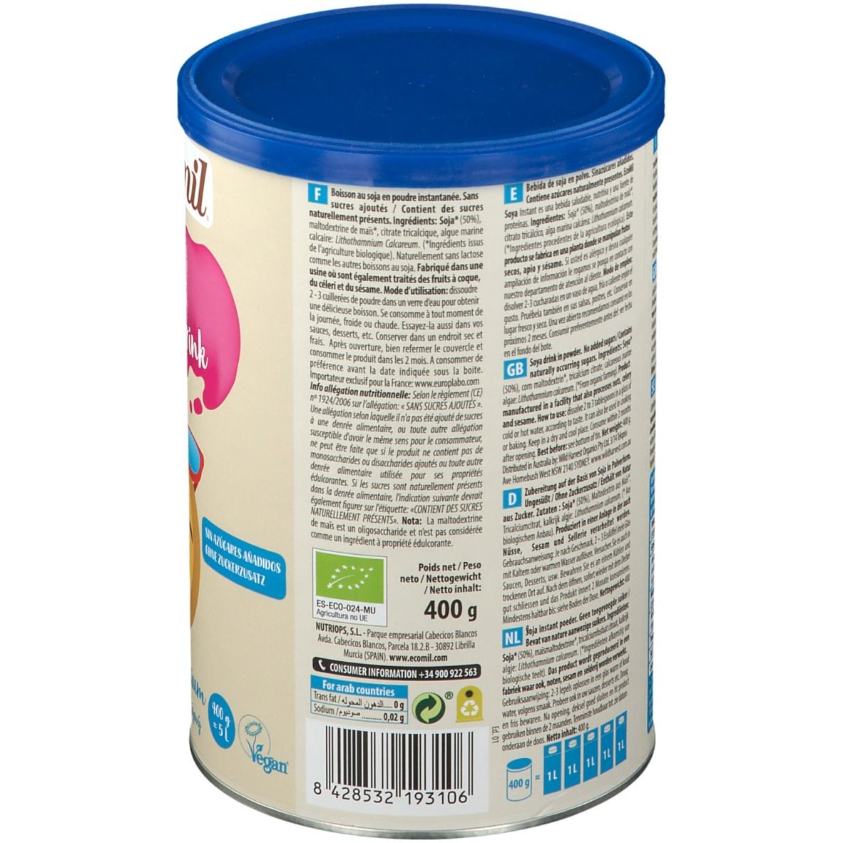 Dos de la boîte EcoMil Instant Shake Drink. Texte multilingue. Contient informations nutritionnelles et label bio.