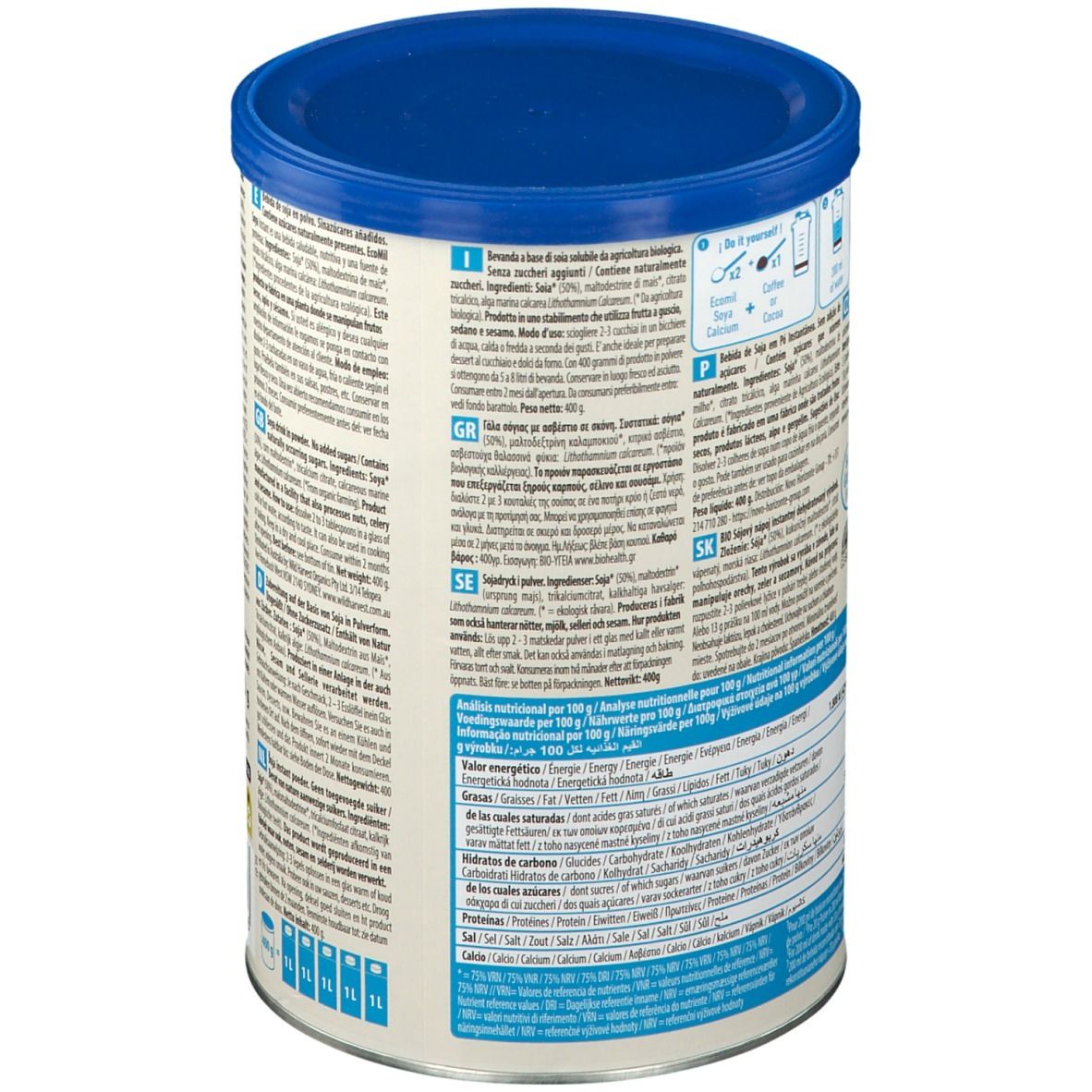 Dos de la boîte EcoMil Instant Shake Drink. Texte multilingue. Contient informations nutritionnelles et label bio.