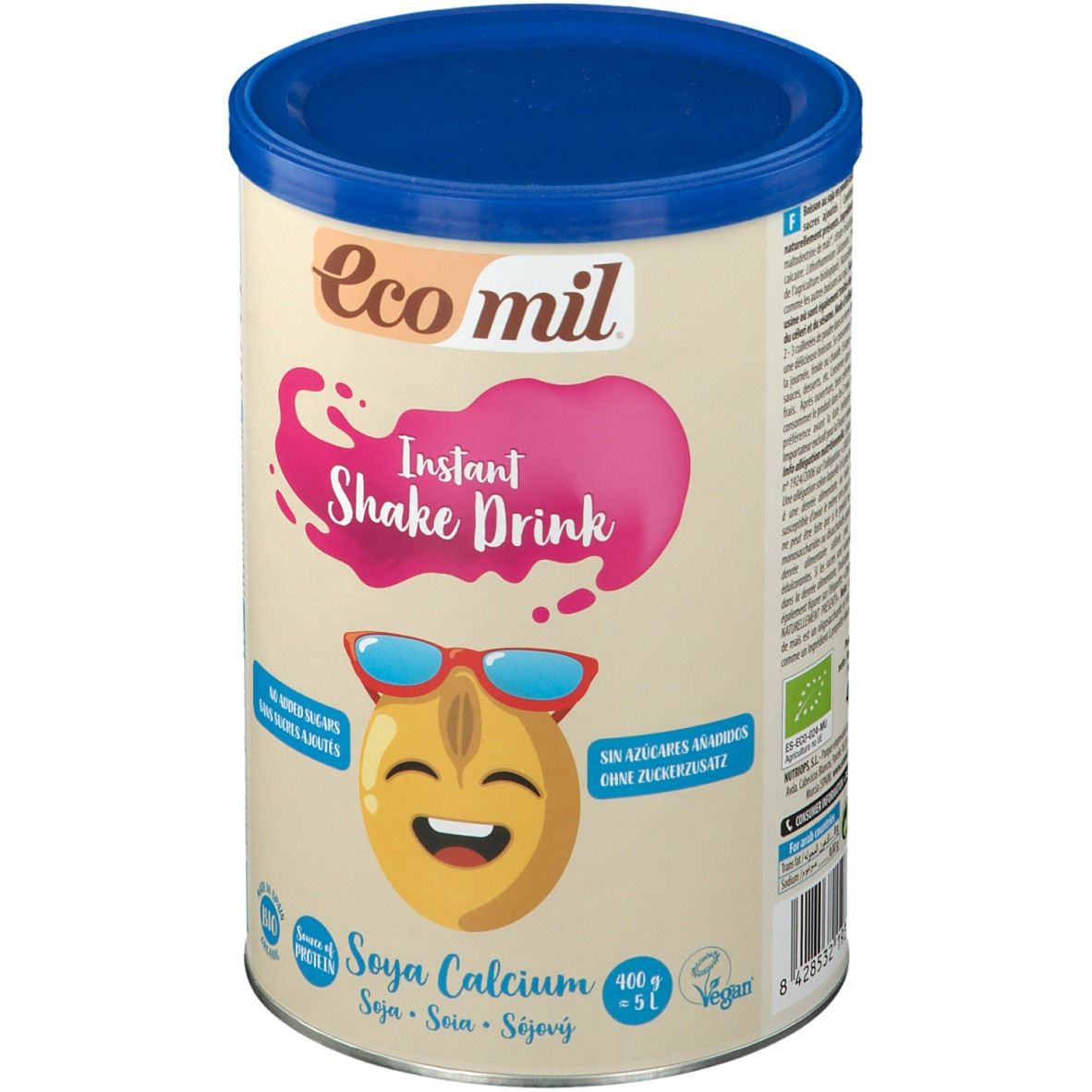 Boîte EcoMil Instant Shake Drink au soja et calcium. Visuel : soja souriant avec lunettes. Label bio.