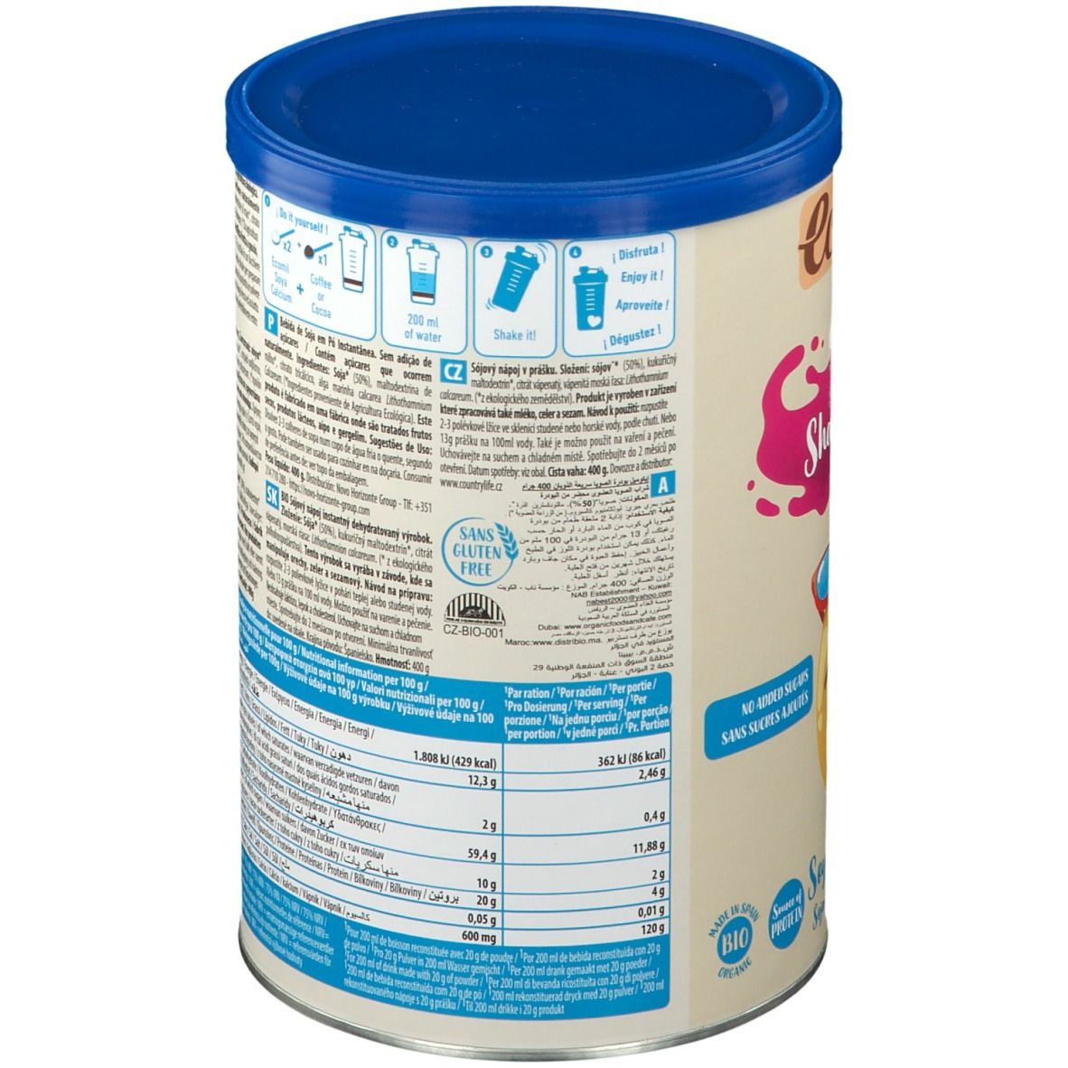 Dos de la boîte EcoMil Instant Shake Drink. Texte multilingue. Contient informations nutritionnelles et label bio.