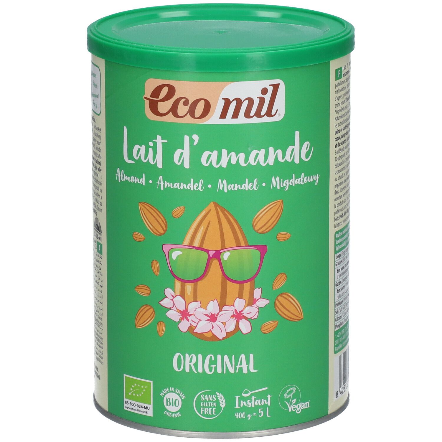 Boîte verte "Eco mil Lait d'Amande". Illustration d'amande avec lunettes de soleil. Bio, sans gluten, vegan. 400g, 5L.