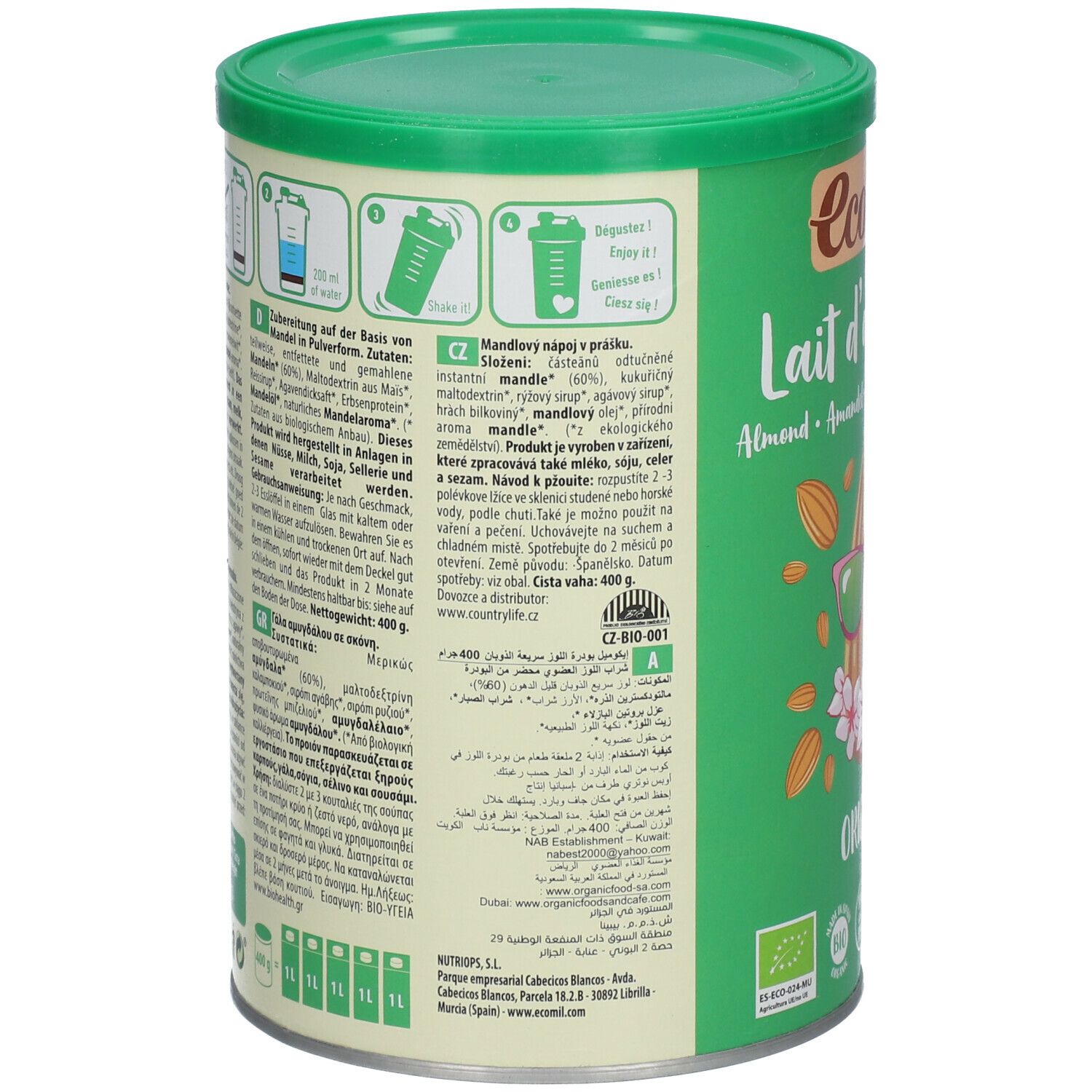 Dos de la boîte "Eco mil Lait d'Amande". Texte multilingue. Bio, vegan. 400g.