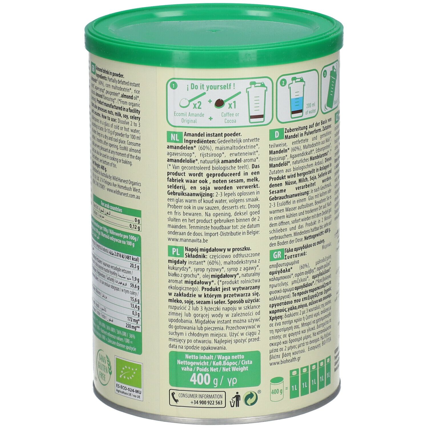 Dos de la boîte "Eco mil Lait d'Amande". Texte multilingue. Bio, vegan. 400g.