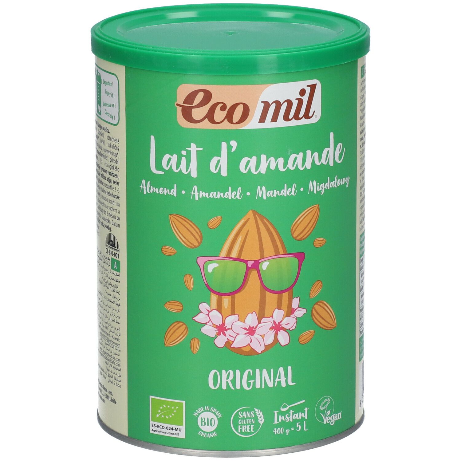 Boîte verte "Eco mil Lait d'Amande". Illustration d'amande avec lunettes de soleil. Bio, sans gluten, vegan. 400g, 5L.
