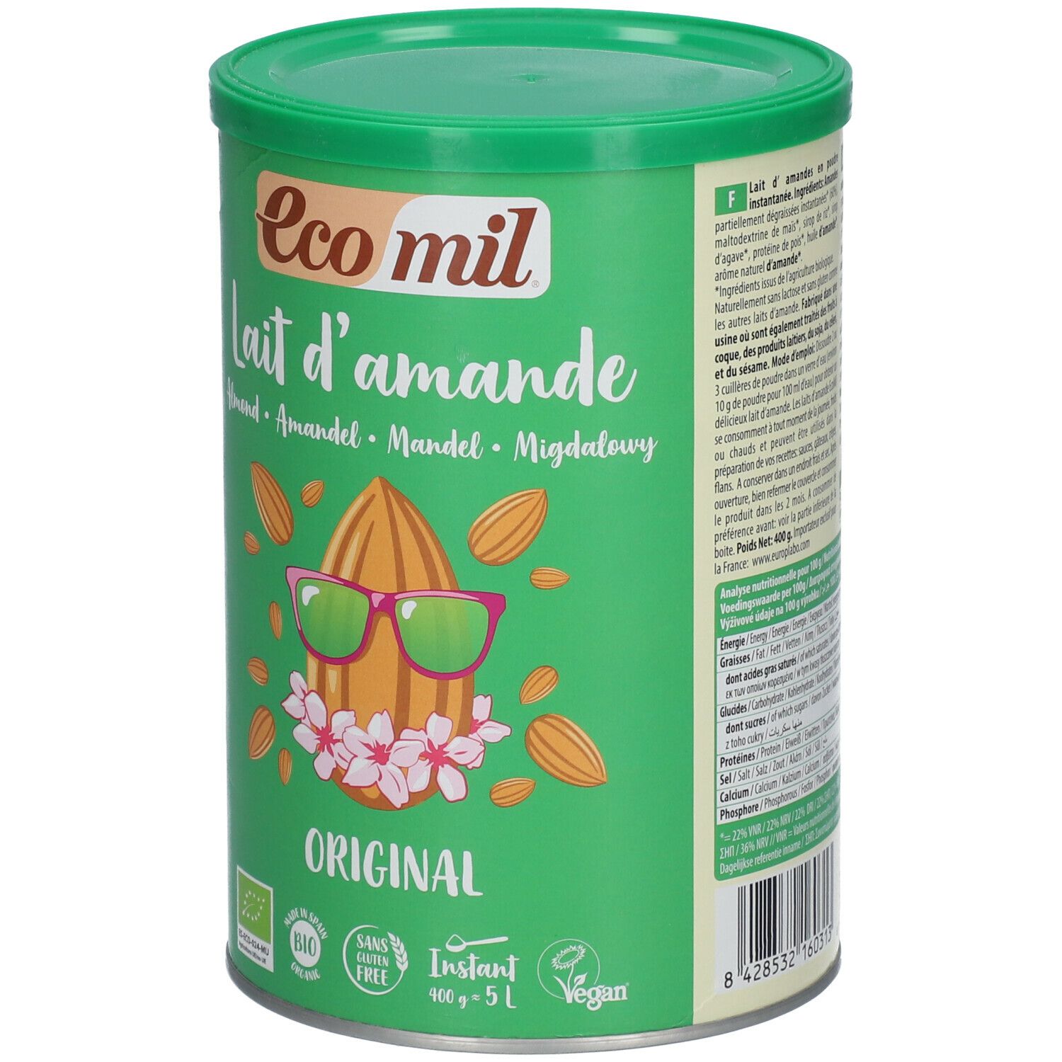 Boîte verte "Eco mil Lait d'Amande". Illustration d'amande avec lunettes de soleil. Bio, sans gluten, vegan. 400g, 5L.